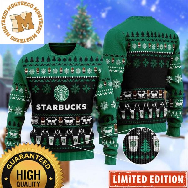 Starbucks Coffee Big Logo Christmas Scenes Snowflakes And Pine Tree Knitting Black And Green Holiday Ugly Sweater