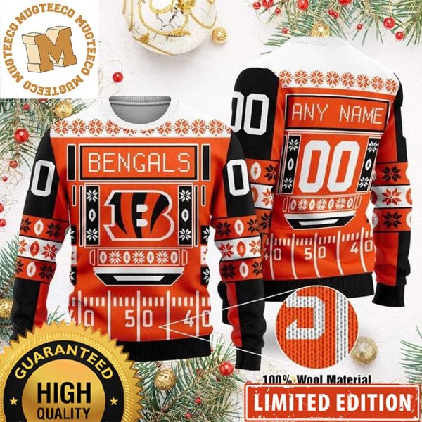 Cincinnati Bengals Fooball Field Custom Name And Number Ugly Christmas Sweater