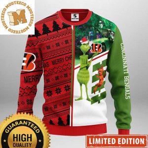 Cincinnati Bengals Funny Grinch And His Dog Max Knitted Split Christmas Ugly Sweater
