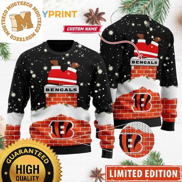 Cincinnati Bengals Funny Santa Claus In The Chimney Custom Name Ugly Christmas Sweater