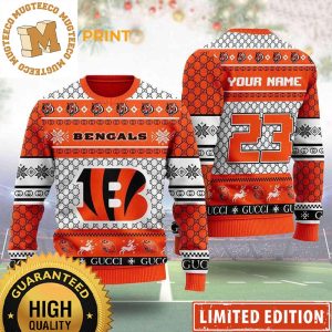 Cincinnati Bengals Gucci Pattern Custom Name And Number Ugly Christmas Sweater