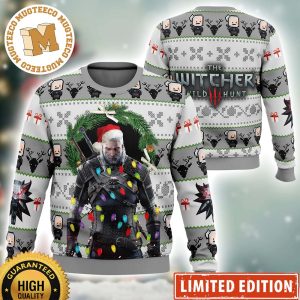 Geralt of Rivia The Witcher Wild Hunt Christmas Vibe Santa Hat And Lights Ugly Christmas Sweater