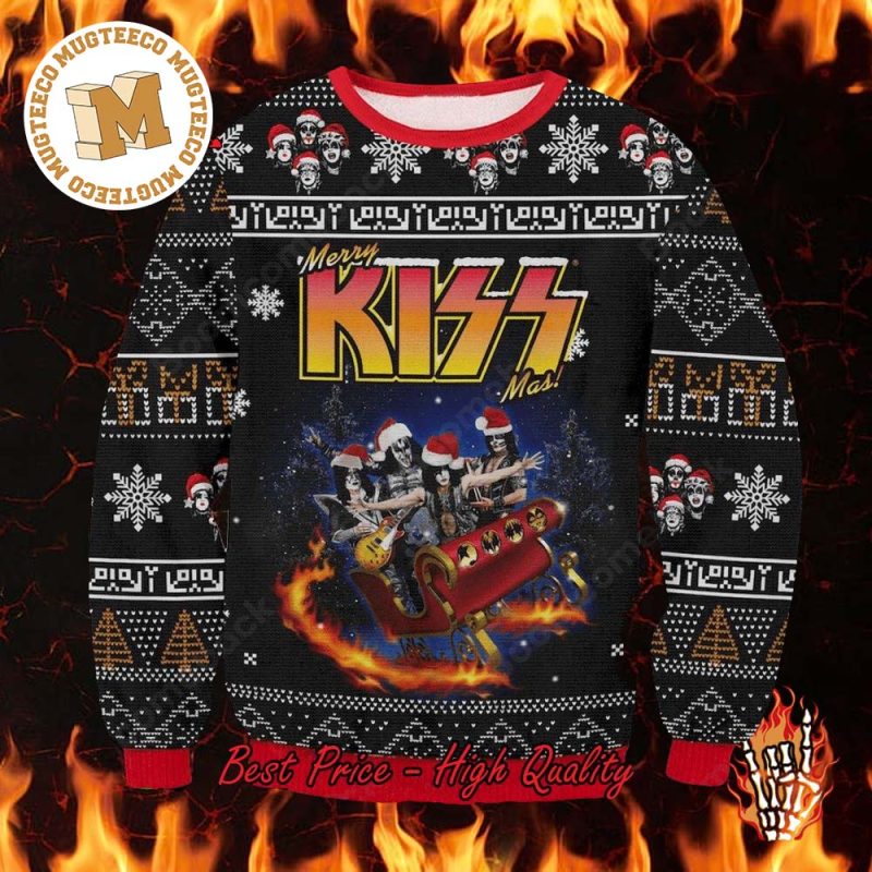Kiss Rock Band On Sleigh Merry Kissmas Style 3D Ugly Christmas
