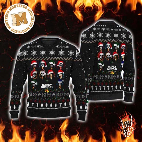 Kiss Wearing Santa Hat 2023 Merry Kissmas Ugly Christmas Sweater