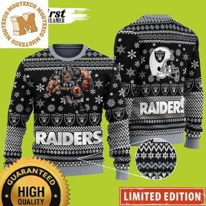 Las Vegas Raiders Player With Ball And Helmet Raiders NFL Christmas Ugly Wool Sweater