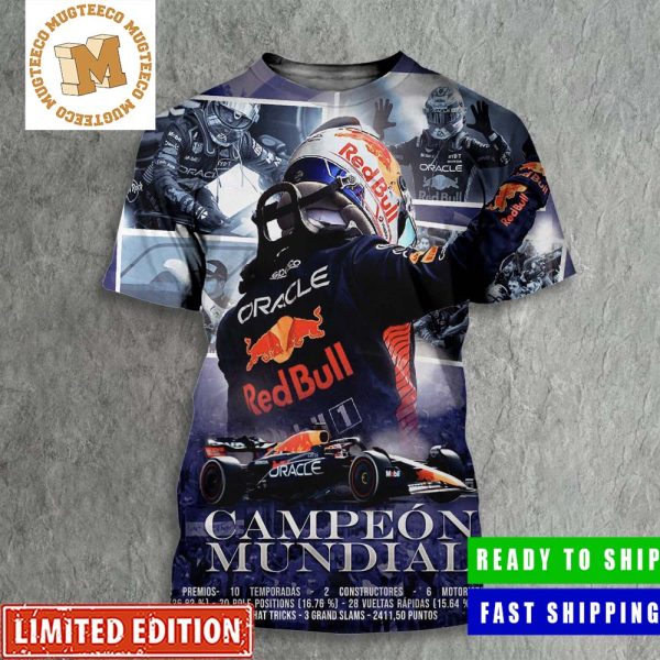 Max Verstappen Three Times World Champion 2023 Red Bull Racing Team 3D Shirt