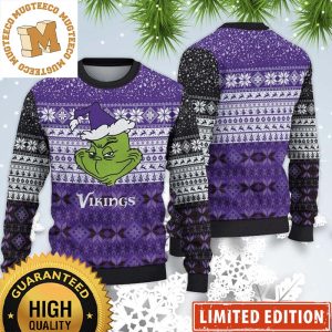 Minnesota Vikings Funny Grinch Face NFL 2023 Holiday Gifts For Fan Ugly Christmas Sweater