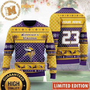 Minnesota Vikings Gucci Pattern Custom Name 2023 Holiday Gifts Ugly Christmas Sweater