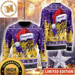 Minnesota Vikings Symbol Wearing Santa Claus Hat Ho Ho Ho Custom Name Ugly Christmas Sweater