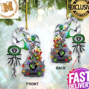 Oakland Raiders NFL Custom Name Grinch Candy Cane 2 Side Christmas Decorations Ornament