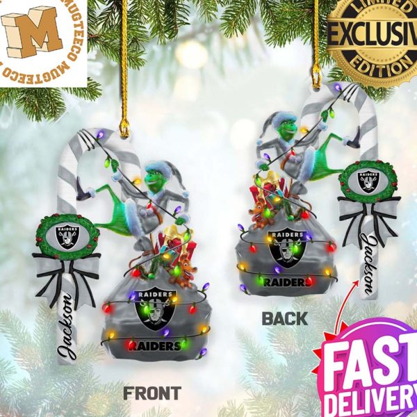 Oakland Raiders NFL Custom Name Grinch Candy Cane 2 Side Christmas Decorations Ornament