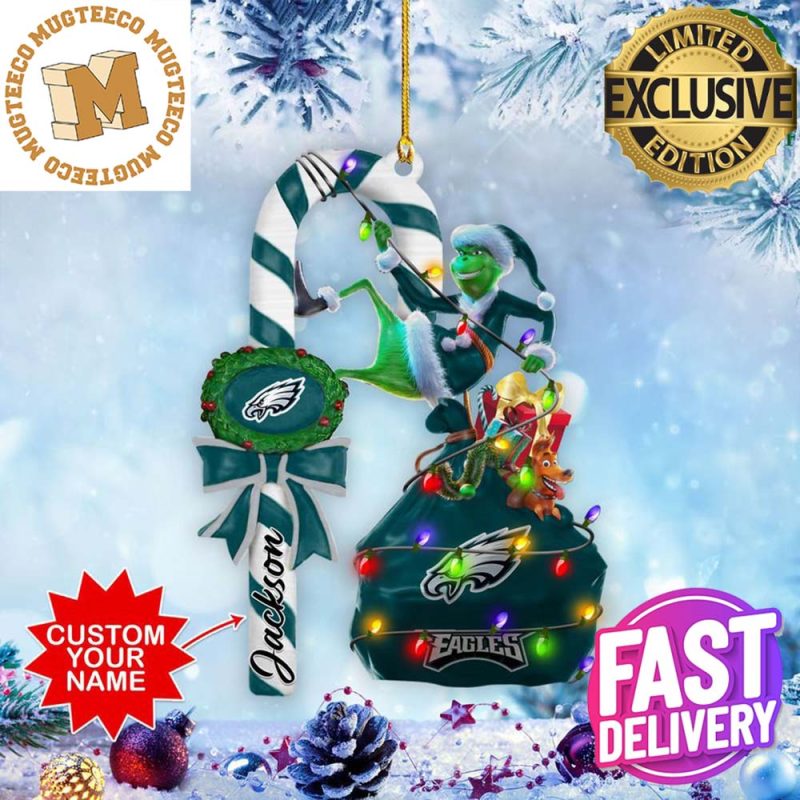 Philadelphia Eagles Grinch Candy Cane Christmas Ornament -   Worldwide Shipping