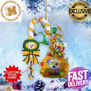 Pittsburgh Steelers NFL Custom Name Grinch Candy Cane 2 Sides Christmas Ornament