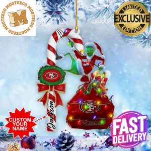 San Francisco 49ers NFL Custom Name Grinch Candy Cane Two Sides Christmas Tree Decorations Ornament