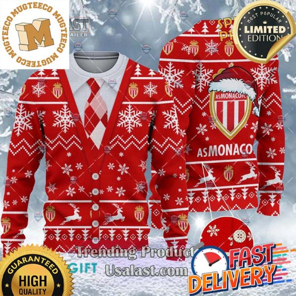 AS Monaco Ligue 1 Cardigan Ugly Christmas Sweater For Holiday 2023 Xmas Gifts