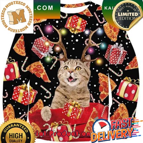 Antlers Cat Pizza Ugly Christmas Sweater For Holiday 2023 Xmas Gifts