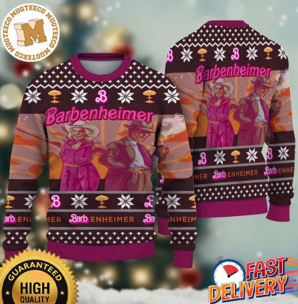 Barbenheimer Barbie Movie And Oppenheimer Comic Style Xmas 2023 Gifts Ugly Christmas Sweater