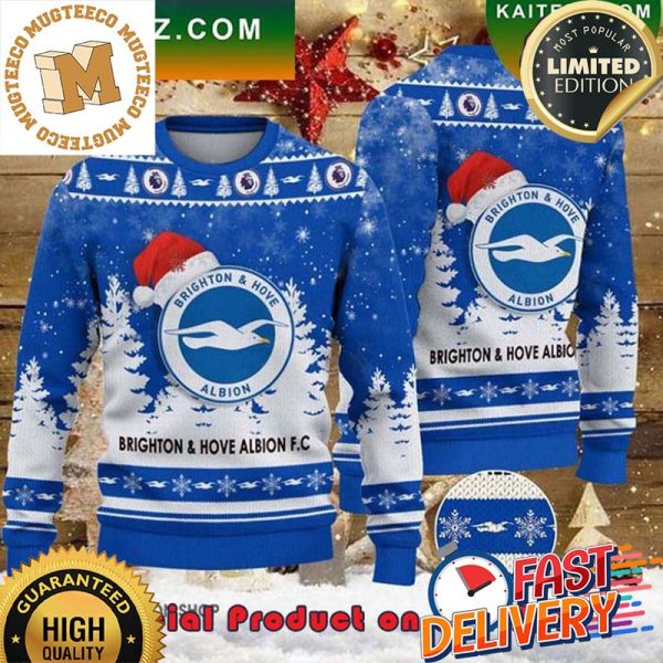 Brighton & Hove Albion FC Santa Hat Ugly Christmas Sweater For Holiday 2023 Xmas Gifts