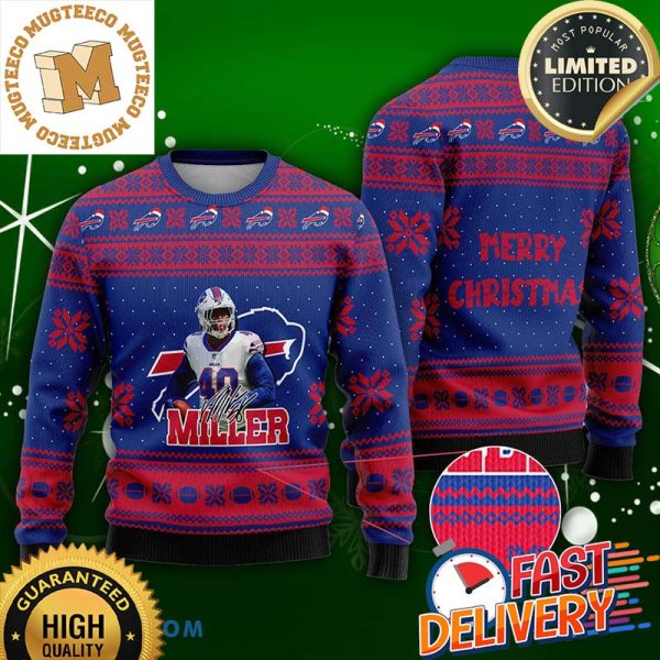 Buffalo Bills Von Miller Merry Xmas 2023 Holiday Ugly Christmas Sweater