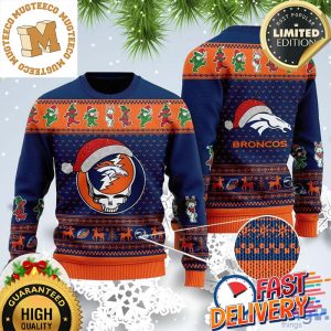 Denver Broncos Grateful Dead SKull And Bears Santa Hat Ugly Christmas Sweater