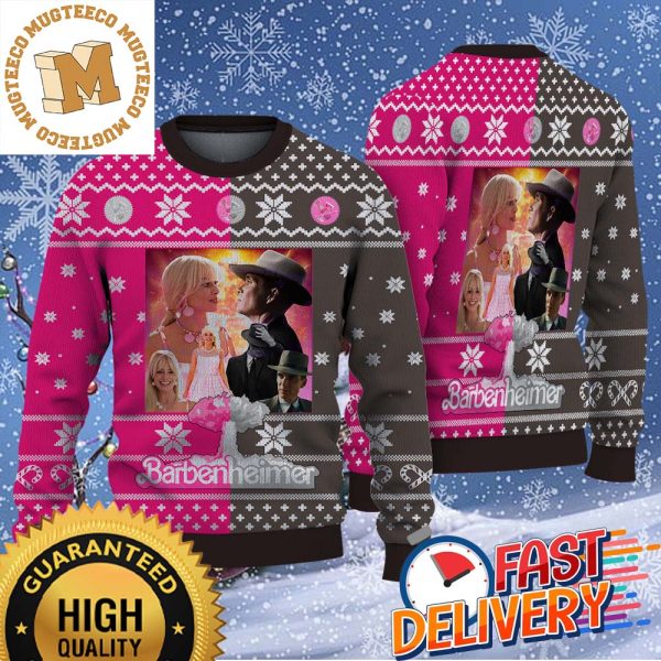 Funny Barbenheimer 2023 Holiday Gift Oppenheimer x Barbie Movie Ugly Christmas Sweater For Men And Women