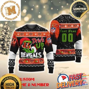 Grinch Drink Up Cincinnati Bengals Custom Name And Number Ugly Christmas Sweater