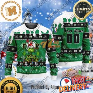Grinch Fuck Them Boston Celtics Custom Name Funny Ugly Christmas Sweater