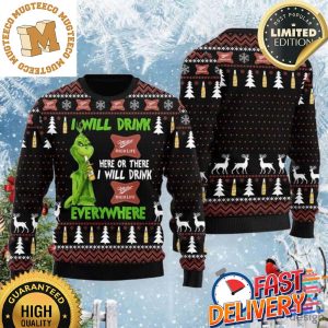 Grinch I Will Drink Miller High Life Everywhere 2023 Xmas Gift For Beer Lovers Ugly Christmas Sweater