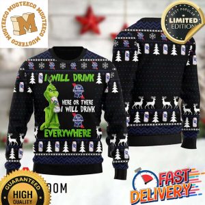 Grinch I Will Drink Pabst Blue Ribbon Here Or There Everywhere Xmas 2023 Ugly Christmas Sweater