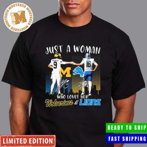 Jj Mccarthy And Blake Corum Just A Woman Who Loves Her Michigan And Detroit Football Skyline Signatures Classic T-Shirt