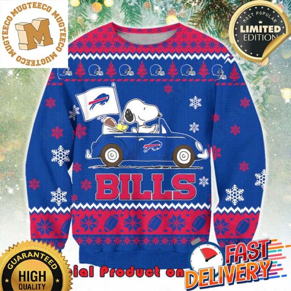 NFL Buffalo Bills x Snoopy Driving Car Ugly Christmas Sweater For Holiday 2023 Xmas Gifts