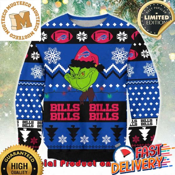 NFL Buffalo Bills x The Grinch Santa Hat Snowflakes Ugly Christmas Sweater For Holiday 2023 Xmas Gifts