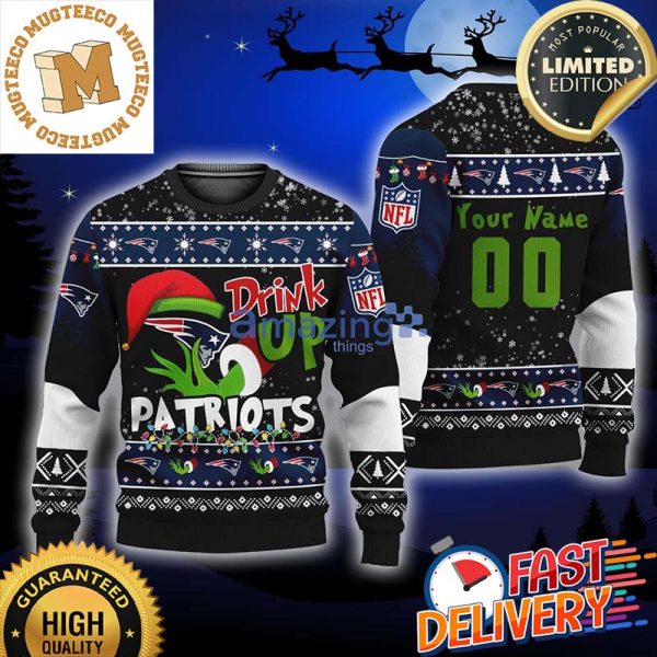 NFL Custom Name And Number Grinch Drink Up New England Patriots Ugly Christmas Sweater