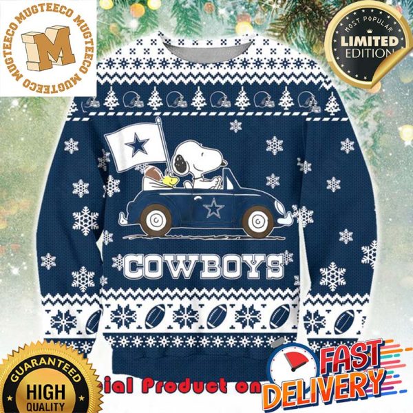 NFL Dallas Cowboys x Snoopy Driving Car Ugly Christmas Sweater For Holiday 2023 Xmas Gifts