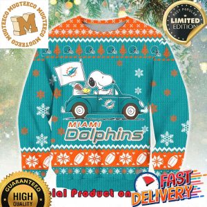 NFL Miami Dolphins x Snoopy Driving Car Ugly Christmas Sweater For Holiday 2023 Xmas Gifts