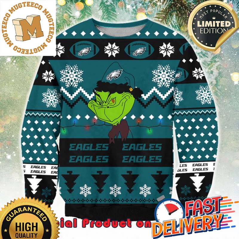 NFL Philadelphia Eagles x The Grinch Santa Hat Snowflakes Ugly Christmas Sweater For Holiday 2023 Xmas Gifts