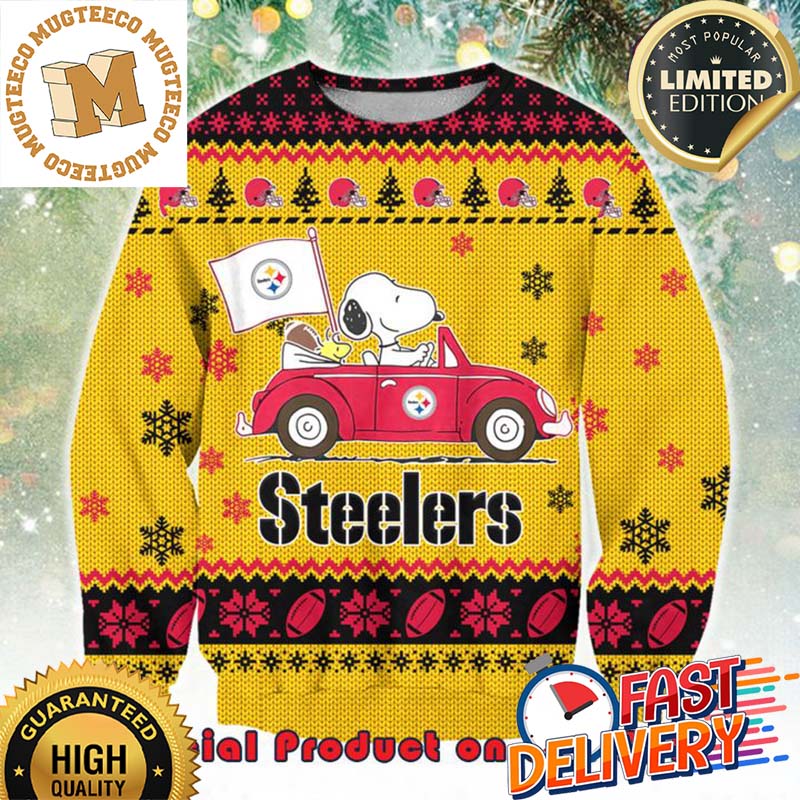 NFL Pittsburgh Steelers x Snoopy Driving Car Ugly Christmas Sweater For Holiday 2023 Xmas Gifts