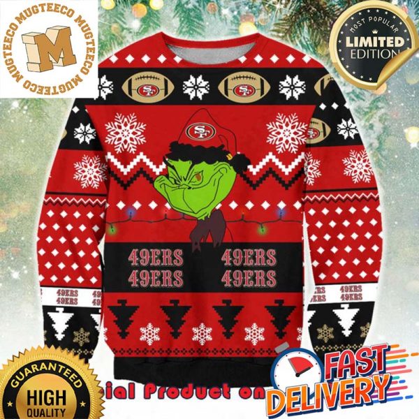 NFL San Francisco 49ers x The Grinch Santa Hat Snowflakes Ugly Christmas Sweater For Holiday 2023 Xmas Gifts