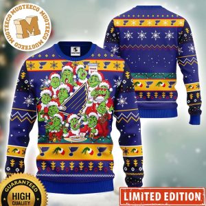 NHL St Louis Blues Cute 12 Grinch Faces Happy Xmas Day Men And Women Ugly Christmas Sweater