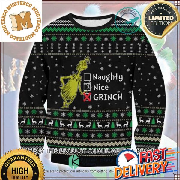 Naughty Nice Grinch Christmas Mode 2023 Holiday Gift Ugly Christmas Sweater