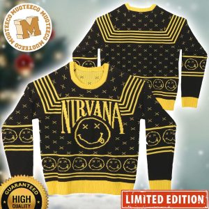 Nirvana Band Smiley Pattern Black And Yellow Xmas Gift For Fans Ugly Christmas Sweater