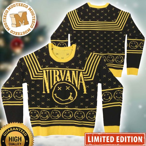 Nirvana Band Smiley Pattern Black And Yellow Xmas Gift For Fans Ugly Christmas Sweater