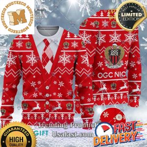 OGC Nice Ligue 1 Cardigan Ugly Christmas Sweater For Holiday 2023 Xmas Gifts