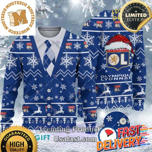Olympique Lyonnais Ligue 1 Cardigan Ugly Christmas Sweater For Holiday 2023 Xmas Gifts