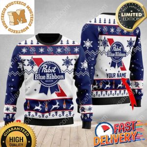 Personalized Name Pabst Blue Ribbon Ugly Christmas Sweater For Holiday 2023 Xmas Gifts