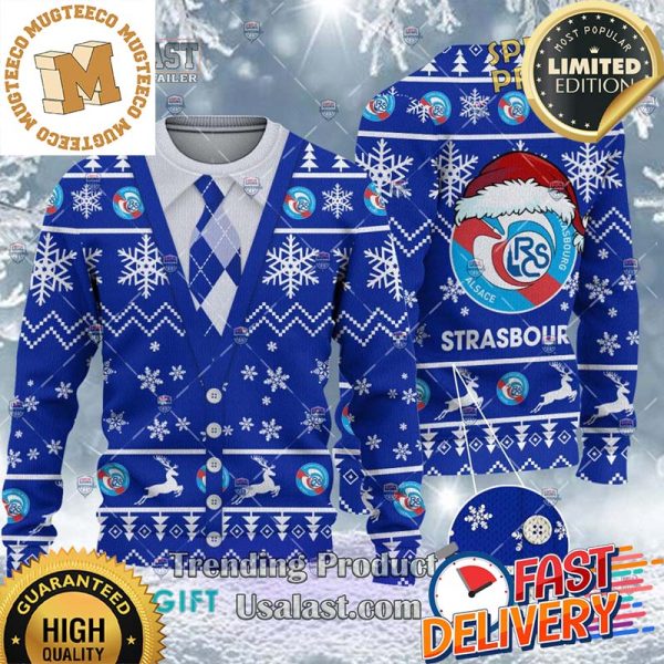 RC Strasbourg Alsace Ligue 1 Cardigan Ugly Christmas Sweater For Holiday 2023 Xmas Gifts