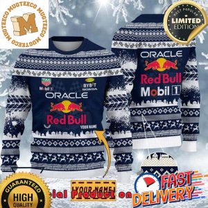 Red Bull F1 Racing Team Custom Name Ugly Christmas Sweater For Holiday 2023 Xmas Gifts