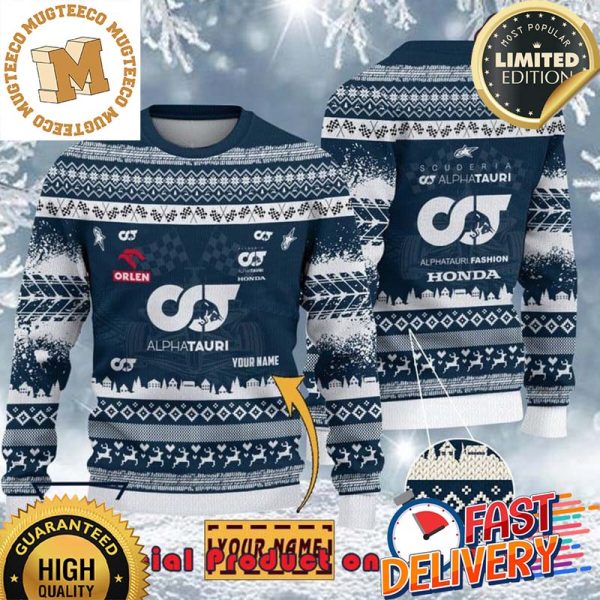 Scuderia AlphaTauri F1 Racing Team Custom Name Ugly Christmas Sweater For Holiday 2023 Xmas Gifts