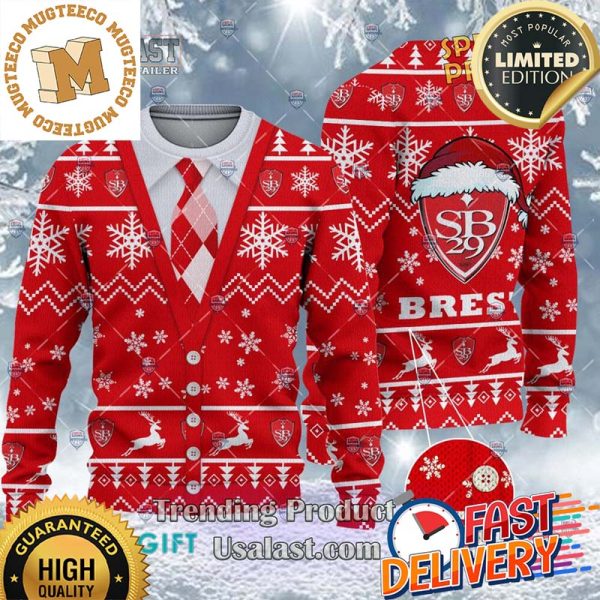 Stade Brestois Ligue 1 Cardigan Ugly Christmas Sweater For Holiday 2023 Xmas Gifts