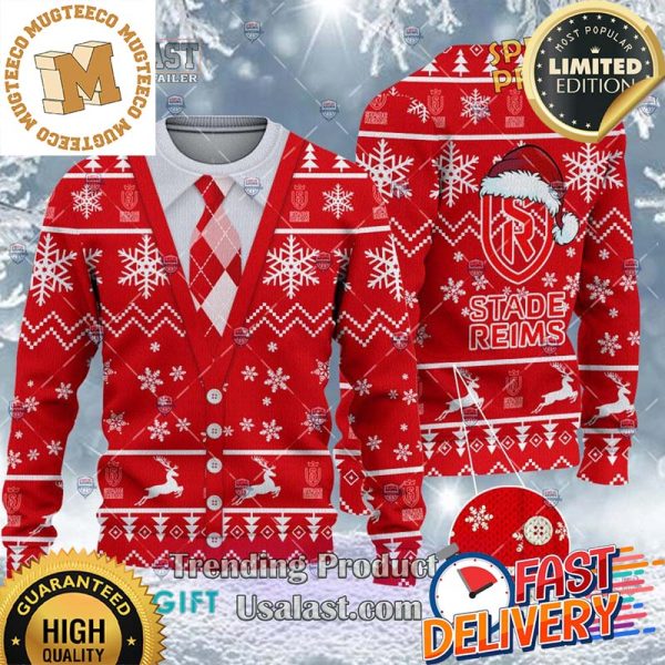 Stade de Reims Ligue 1 Cardigan Ugly Christmas Sweater For Holiday 2023 Xmas Gifts